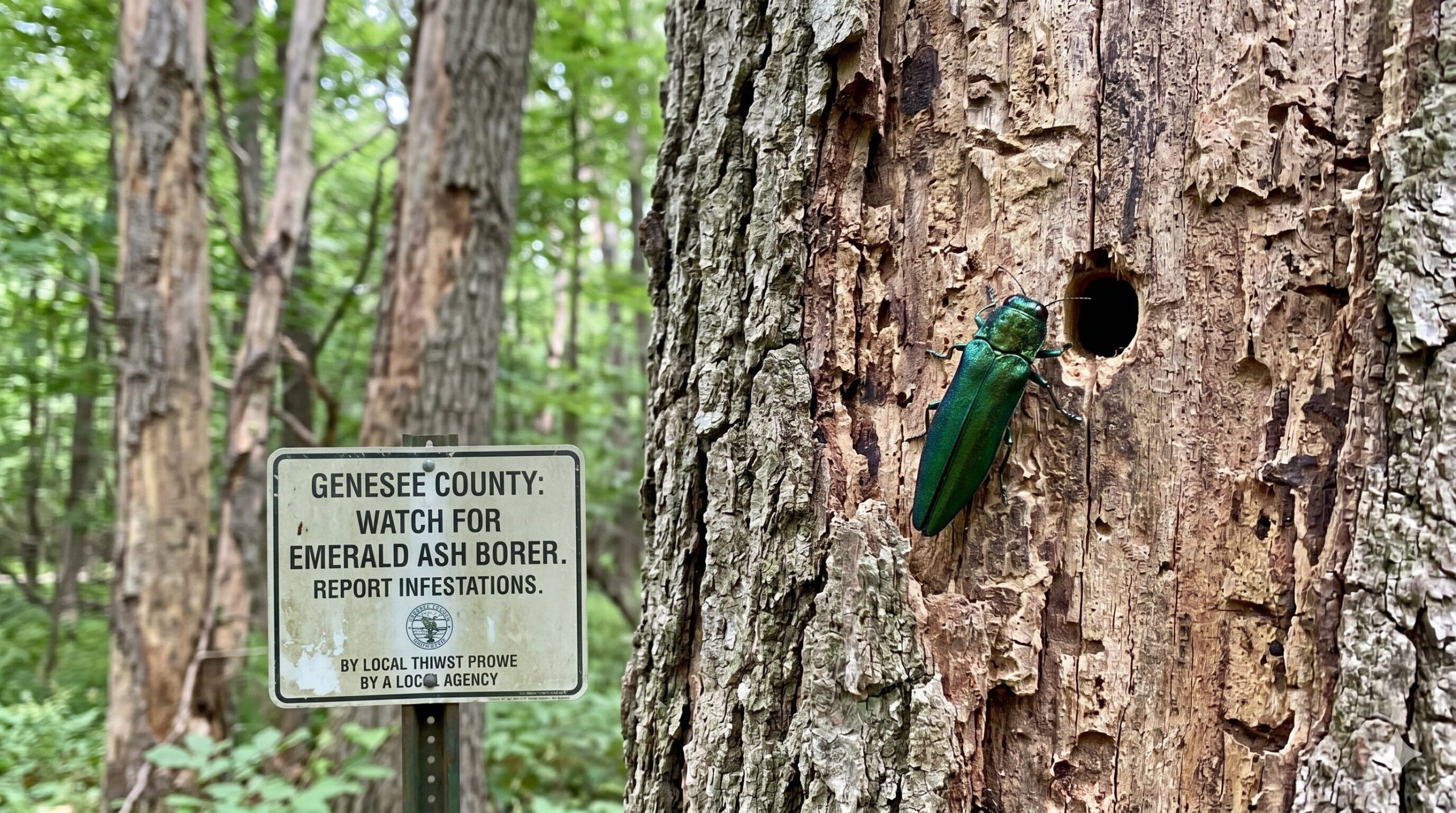 Adult emerald ash borer beetle resting on an ash leaf in Genesee County, MI