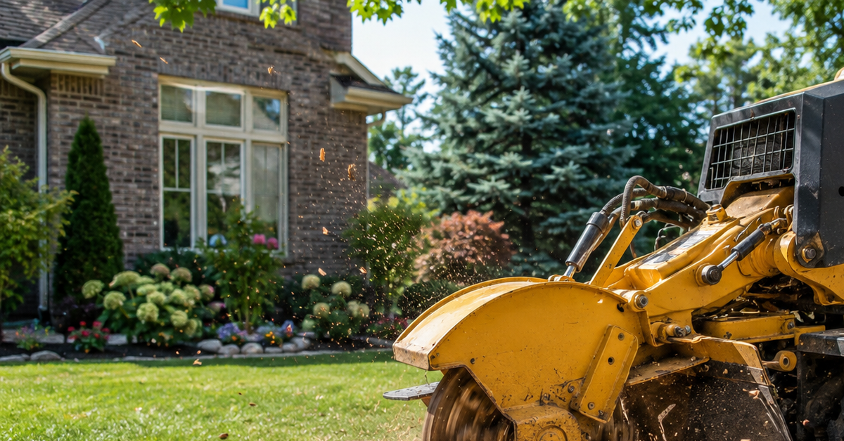 Professional stump grinder removing a large tree stump from a residential yard in Genesee County, Michigan after tree removal.