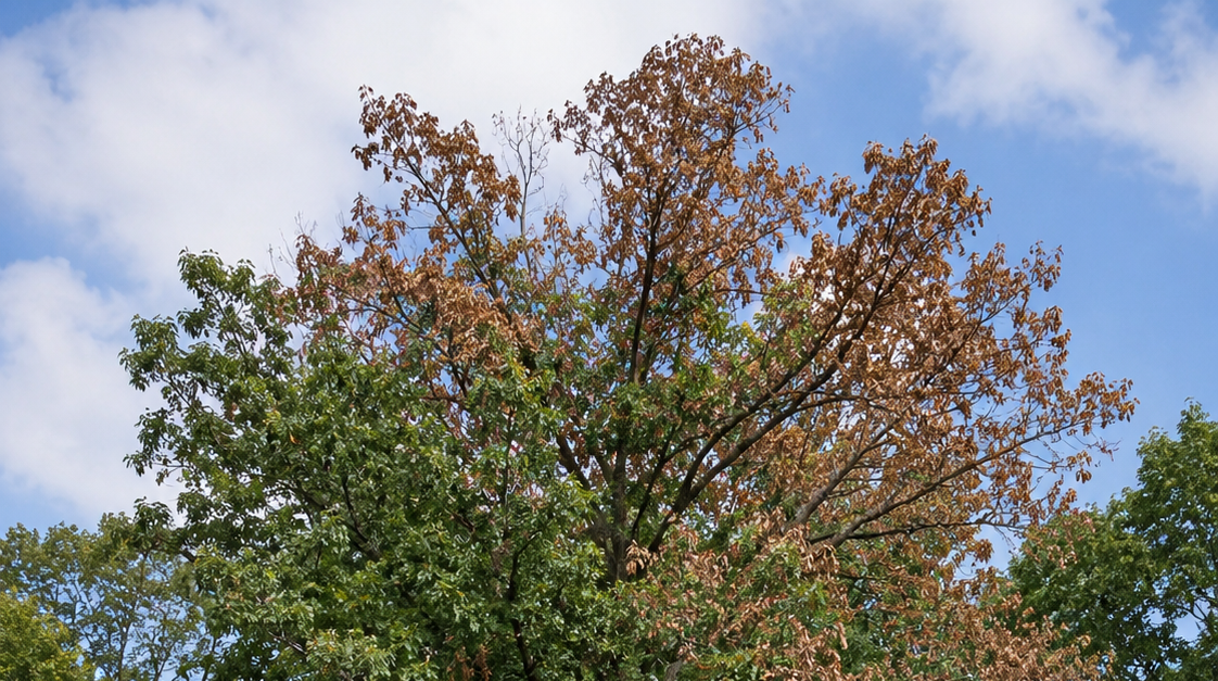 Red oak in Genesee County, Michigan, showing leaf wilt and browning caused by oak wilt