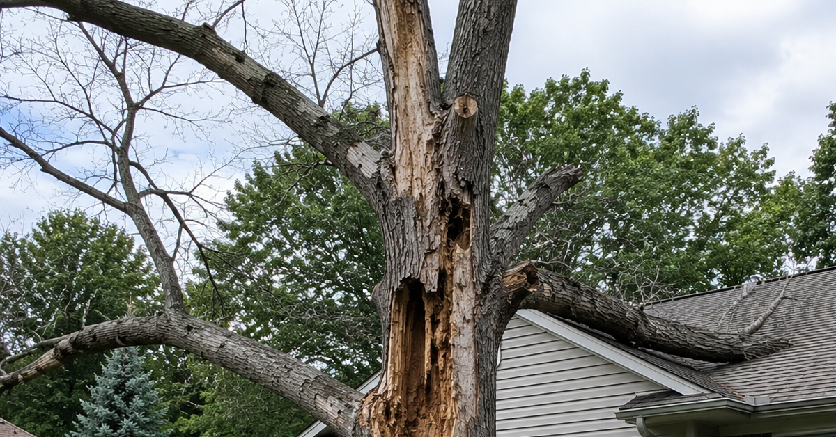 Image Alt Text: Dead tree with visible trunk decay and bark damage posing hazard near residential home in Fenton Michigan
