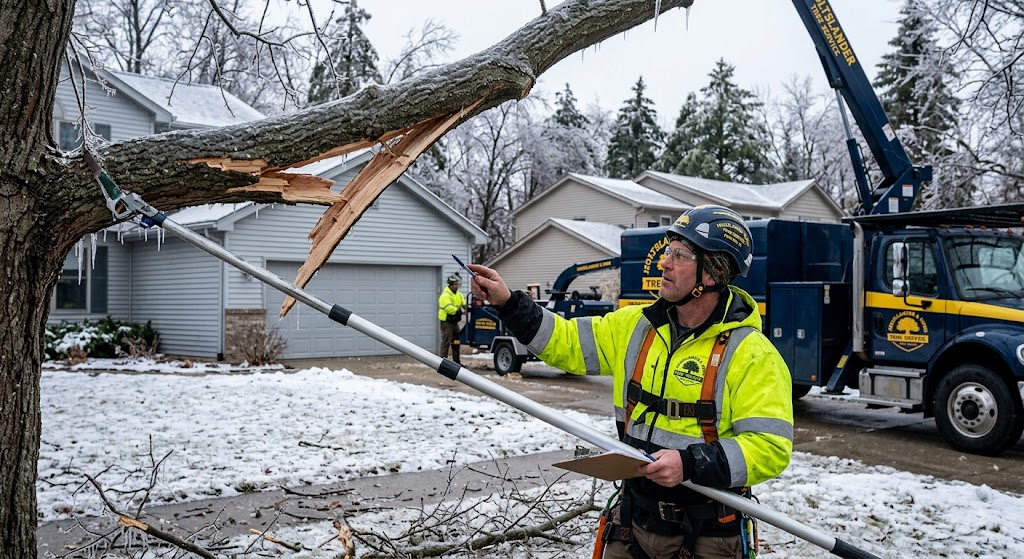 Arborist assessing an ice-damaged branch in Michigan