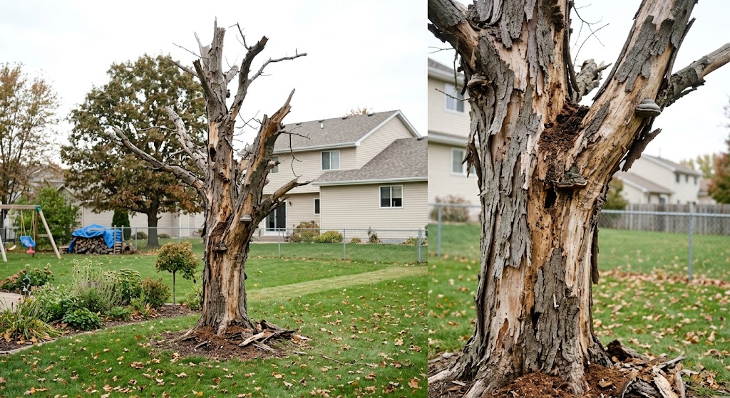 Dead tree with peeling bark and visible decay in a residential yard
