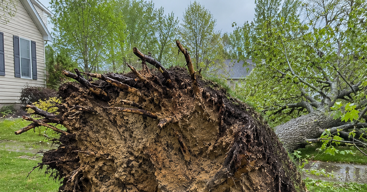 Exposed root plate of an uprooted maple tree in Fenton, MI after a spring storm