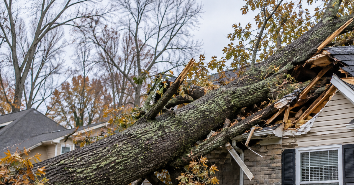 Large tree fallen onto a residential house after a storm in Michigan