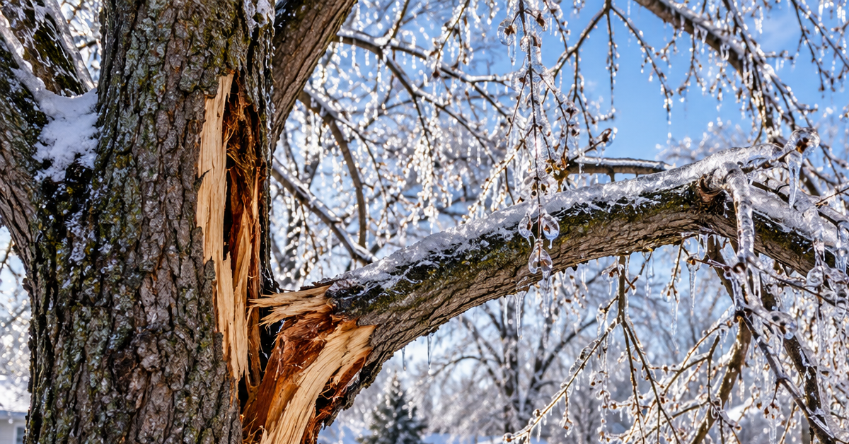 Ice-coated tree branches after a Genesee County winter storm
