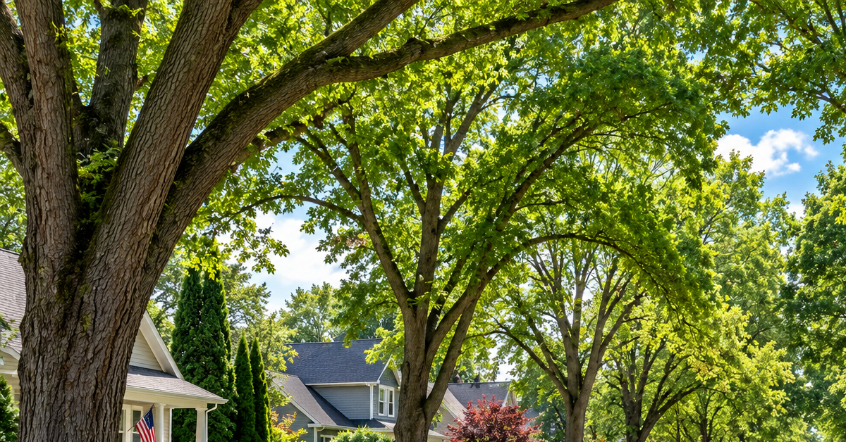Tree-lined residential street in a Genesee County, Michigan neighborhood